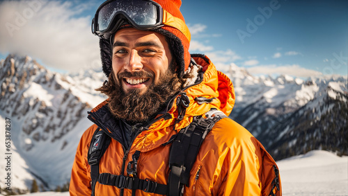 Portrait of a man in ski clothes against a background of mountains, snow