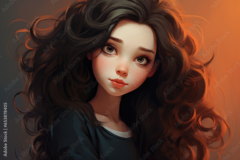 Portrait of a cartoon girl with long black hair