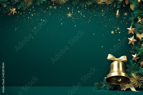 Christmas Green Background With Golden Bell Accents