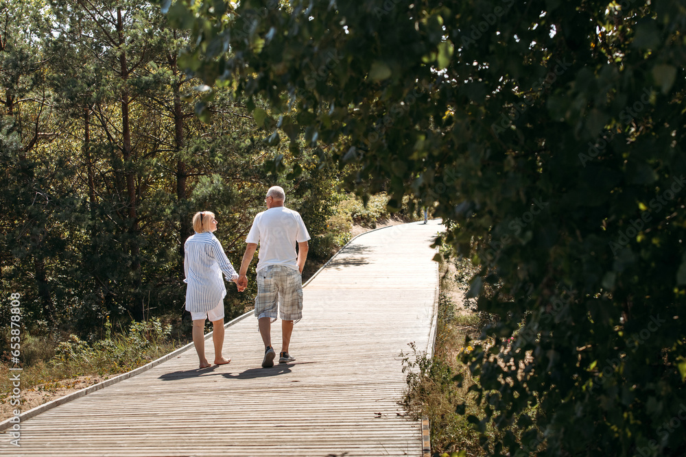 Fototapeta premium Happy elderly couple walking on a wooden deck on a forest path in the sand dunes