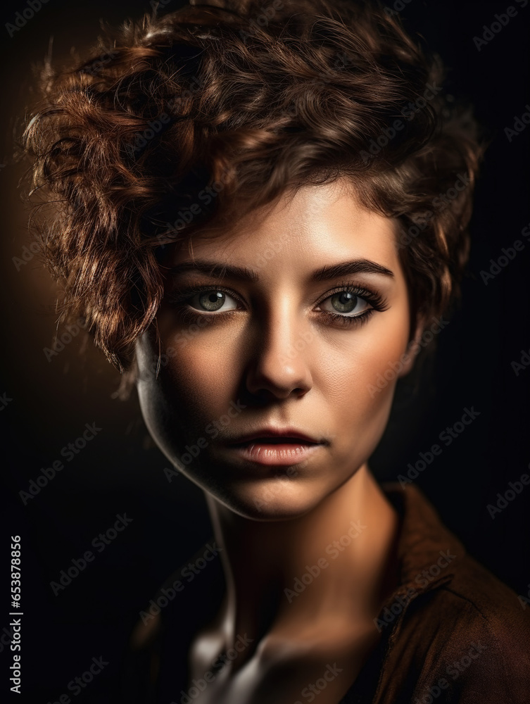 portrait of a woman with hair, studio light, dark background