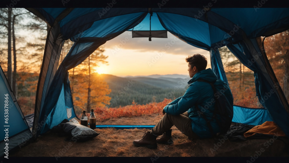 Traveler relaxing inside a blue tent and enjoy with morning time. AI Generative