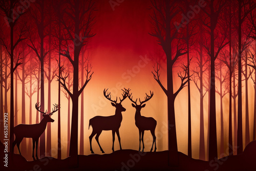 Deep Red Backdrop Punctuated By Golden Reindeer Silhouette