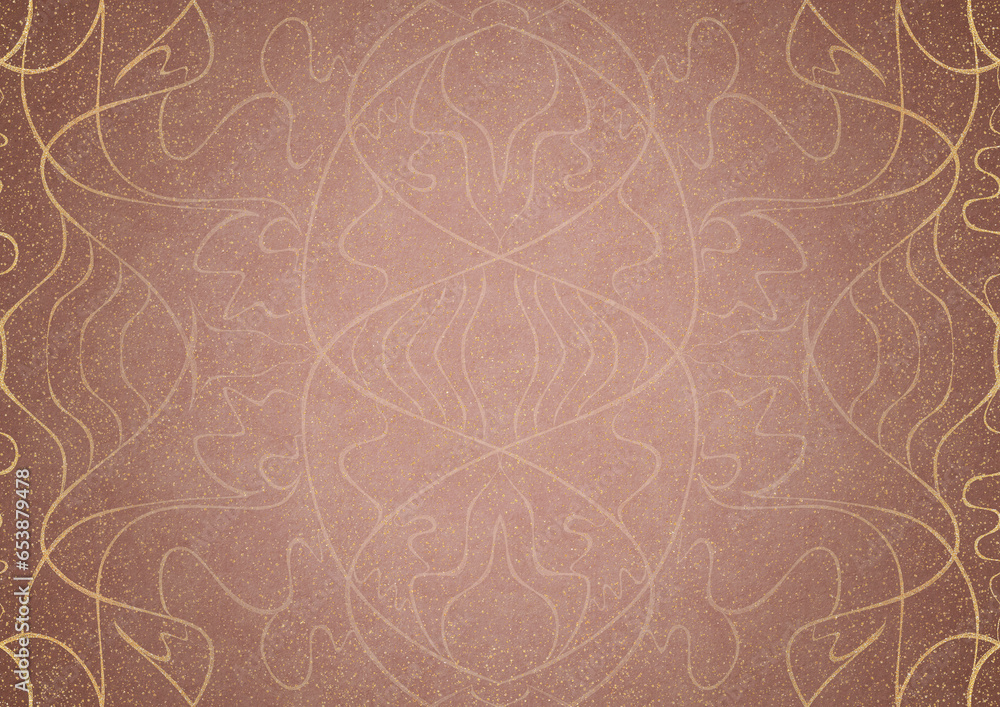 Hand-drawn abstract ornament. Light semi transparent pale pink and golden splatter on a pale pink back, with vignette of same pattern in gold on a darker color. Paper texture. A4. (pattern: p02-1a) Hand-drawn abstract ornament. Light semi transparent pale pink and golden splatter on a pale pink back, with vignette of same pattern in gold on a darker color. Paper texture. A4. (pattern: p02-1a)