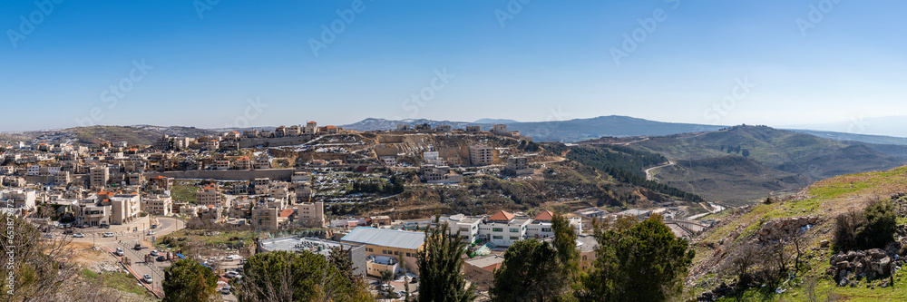 Panoramic view of the Arab village of Majdal Shams at the base of Mount Hermon in the Golan Heights in northern Israel.
