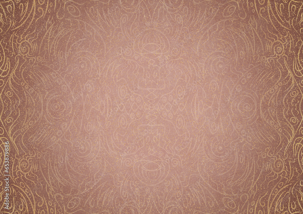 Hand-drawn abstract ornament. Light semi transparent pale pink and golden splatter on a pale pink back, with vignette of same pattern in gold on a darker color. Paper texture. A4. (pattern: p03a) Hand-drawn abstract ornament. Light semi transparent pale pink and golden splatter on a pale pink back, with vignette of same pattern in gold on a darker color. Paper texture. A4. (pattern: p03a)