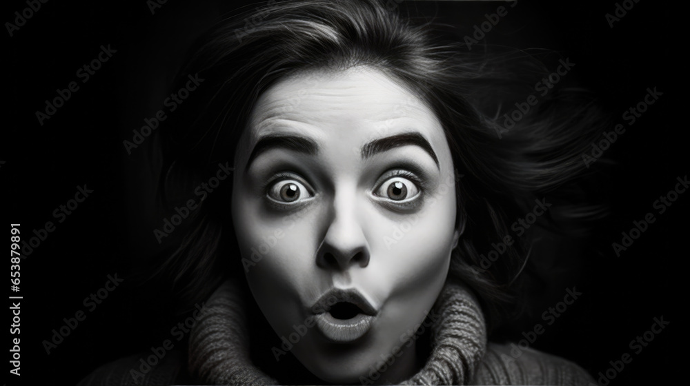 Black and white wide-angle portrait of a woman looking at the camera, making a surprise face. Black and white wide-angle portrait of a woman looking at the camera, making a surprise face.