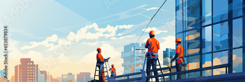 Window cleaners workers washing windows in a high-rise building, high-rise work in skyscrapers, illustration banner