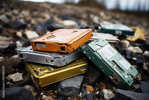 Used deteriorated electric batteries for cars, a dump of broken batteries, the problem of disposal and recycling of batteries for electric cars photo