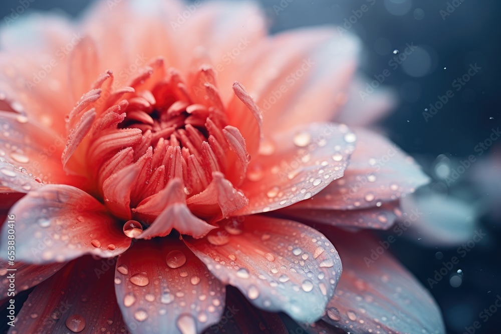 Close up of pink flower with dew drops on the petals. Generative Ai Close up of pink flower with dew drops on the petals. Generative Ai