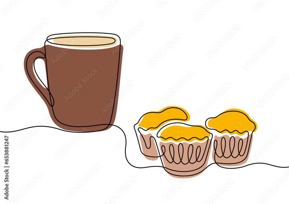 Coffee cup and muffins continuous line colourful vector illustration Coffee cup and muffins continuous line colourful vector illustration