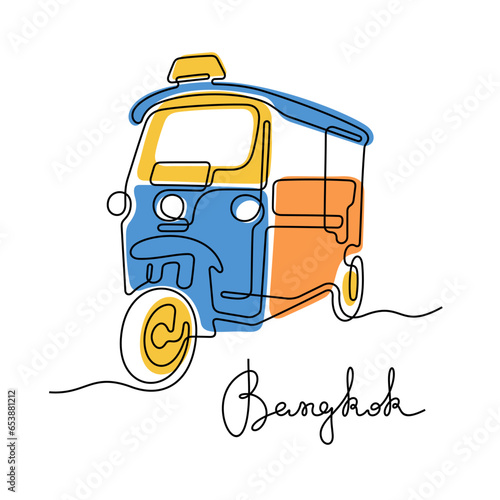 Tuk Tuk taxi, Bangkok continuous line colourful vector illustration