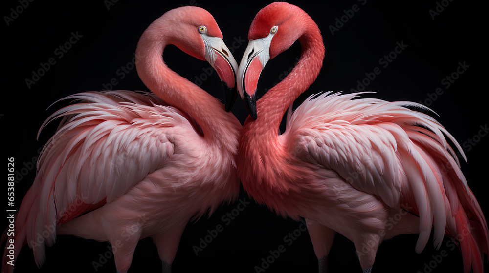 Naklejka premium two flamingos isolated on black background.