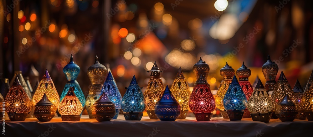 Moroccan lamps sold in Marrakesh medina s souk with unique handmade designs - obrazy, fototapety, plakaty 