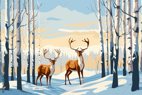 Beautiful pair of deer with large antlers in a winter forest among trees and snowdrifts. Winter landscape. Christmas design.