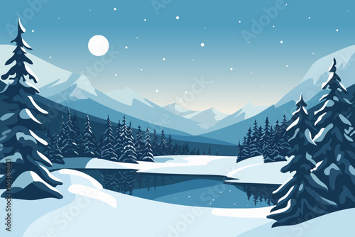 Beautiful winter landscape. Moon over mountains, forest and lake in snowy weather. © LoveSan