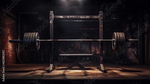 Bar for weight lifting on dark background in gym barbell. AI Generated
