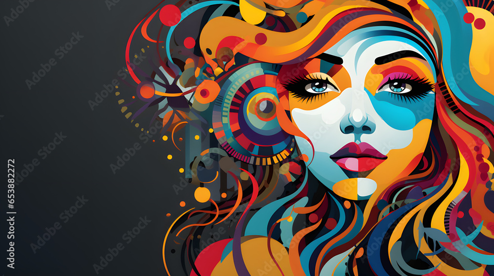 Avisually stunning abstract artwork that offers an intriguing perspective on a woman's face, blending artistic elements to capture the essence of feminine beauty and mystery, Generative AI