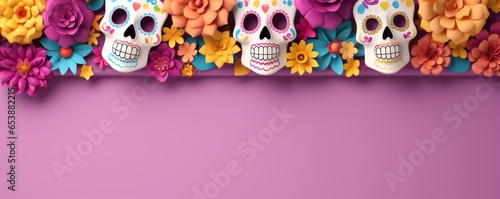 Sugar skull banner with flowers suitable for Day of the Dead, Halloween and Santa Muerte