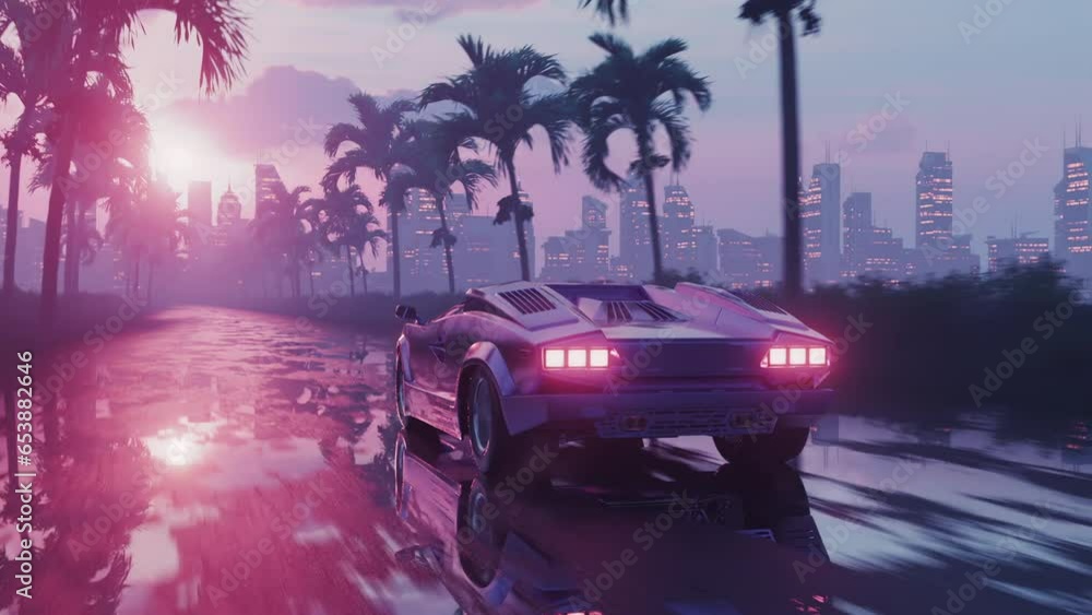 Loop car driving on wet asphalt in retro style at sunset