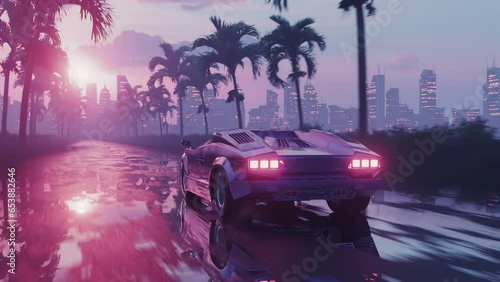 Loop car driving on wet asphalt in retro style at sunset