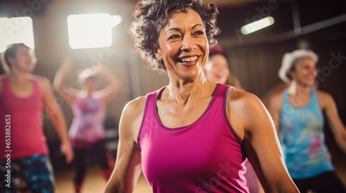 Middle-aged women enjoying a joyful dance class, candidly expressing their active lifestyle through Zumba with friends. AI Generated