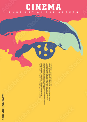 Cinema poster design with colorful eye graphic and film roll. Movie poster conceptual vector illustration. Abstract artistic ad template for film festival.