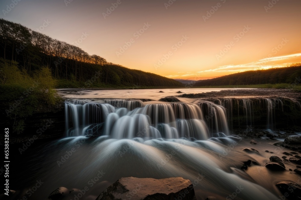 Harmony of nature in the embrace of a mighty waterfall. The magic of a sunset in a panorama of natural coziness.