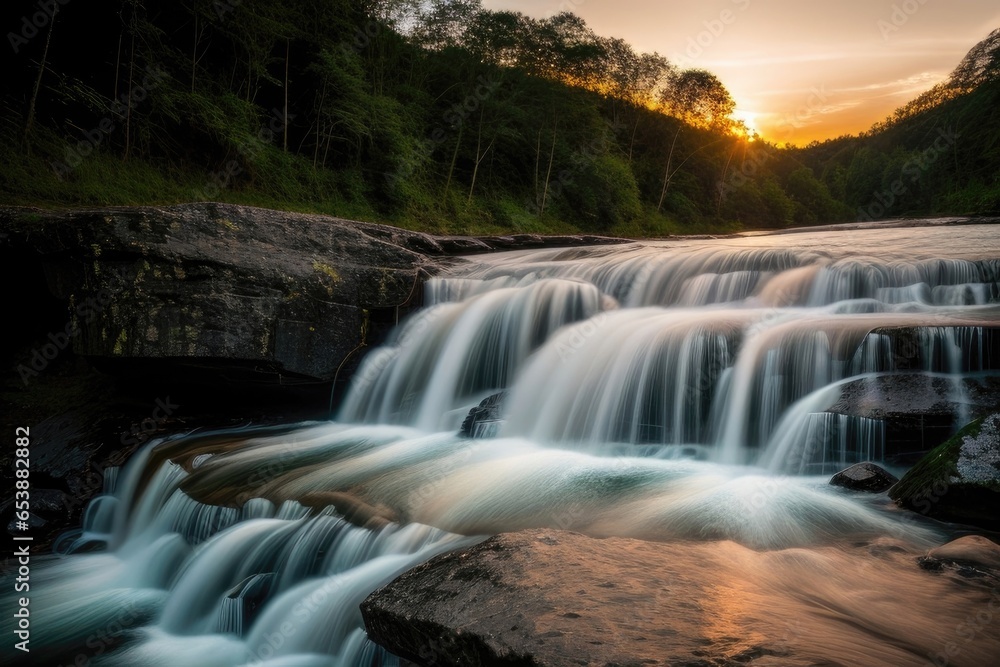 Harmony of nature in the embrace of a mighty waterfall. The magic of a sunset in a panorama of natural coziness.