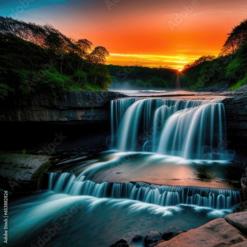 Harmony of nature in the embrace of a mighty waterfall. The magic of a sunset in a panorama of natural coziness.