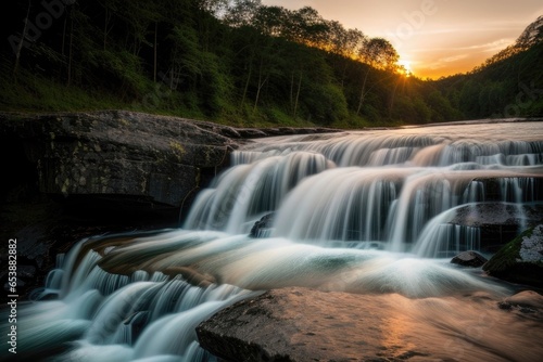 Harmony of nature in the embrace of a mighty waterfall. The magic of a sunset in a panorama of natural coziness.