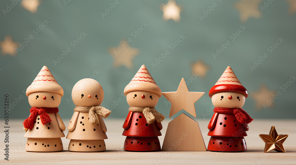 christmas decoration with wooden figures on wooden table. - obrazy, fototapety, plakaty 