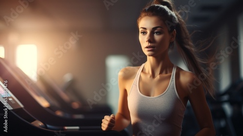 Portrait of a beautiful woman working out at the gym, running on the treadmill, and doing fitness exercises, a healthy concept. AI-Generated © Muhammad
