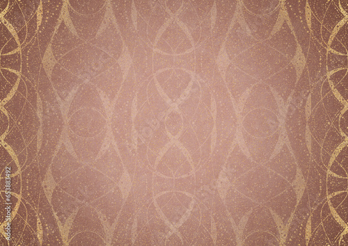 Hand-drawn abstract ornament. Light semi transparent pale pink and golden splatter on a pale pink back, with vignette of same pattern in gold on a darker color. Paper texture. A4. (pattern: p10-4b)