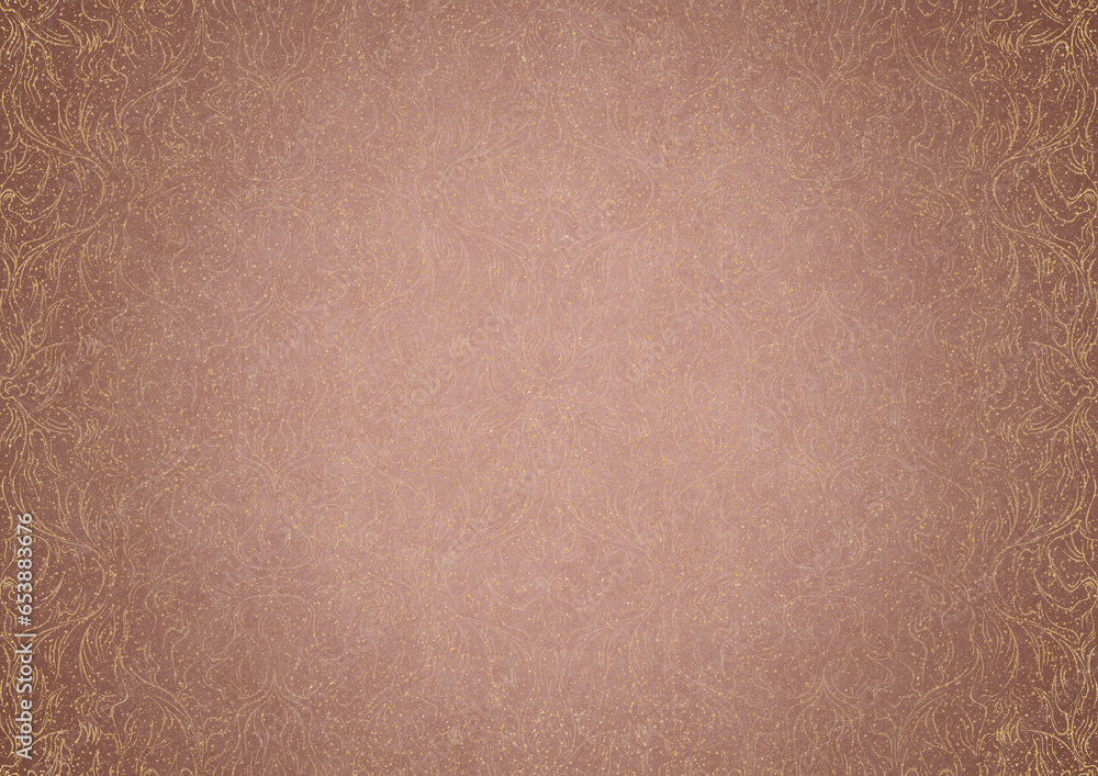 Fototapeta premium Hand-drawn abstract ornament. Light semi transparent pale pink and golden splatter on a pale pink back, with vignette of same pattern in gold on a darker color. Paper texture. A4. (pattern: p11-1b)