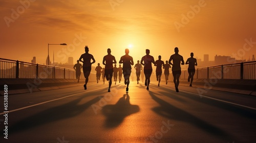 AI-generated start up of runner group running on sunrise on road