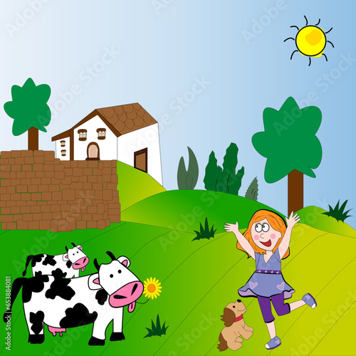 Paisaje de campo con vacas y niña feliz.