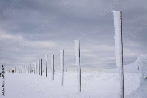 Pillars in the mountains frozen on one side from severe frost