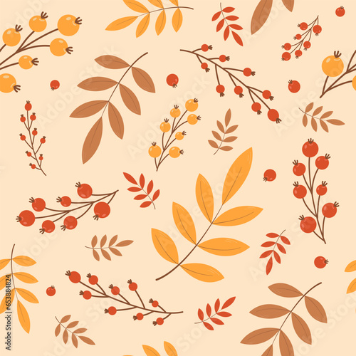 Seamless pattern with autumn leaves. Falling leaves. Autumn botanical background. Leaves and berries of mountain ash, oak. For design of banners, fabrics, textiles, wallpaper. Vector illustration