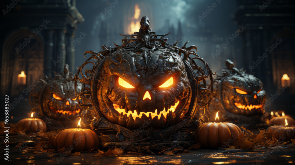 Halloween spooky background, scary jack o lantern pumpkins face. Scary creepy castle in october dark night autumn gloomy graveyard. - obrazy, fototapety, plakaty 