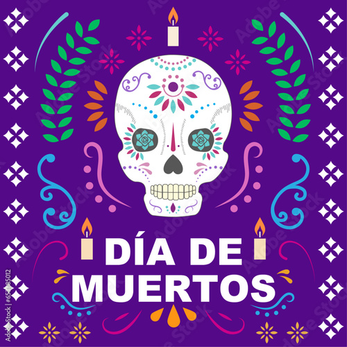 Vector plano del día de muertos, festividad mexicana con calavera y flores