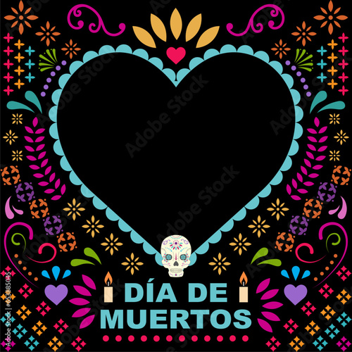 banner template con Fondo del día del muertos con textura mexicana al rededor de un corazón 