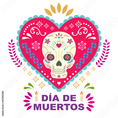 Vector plano con corazón del día de muertos, festividad mexicana con calavera y flores