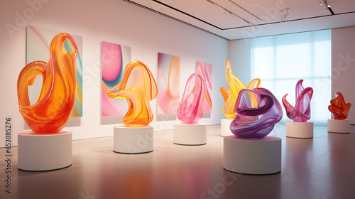 Fototapeta Naklejka Na Ścianę i Meble -  Futuristic sculpture exhibition in modern art gallery. Abstract art piece of surreal organic shapes. Vibrant colorful glass art form objects