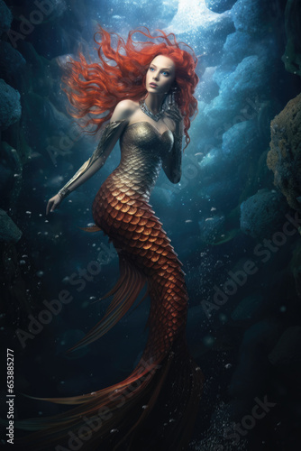pretty red hair and red mermaid tail. crystal clear underwater ocean reefs and corals bubbles. female siren