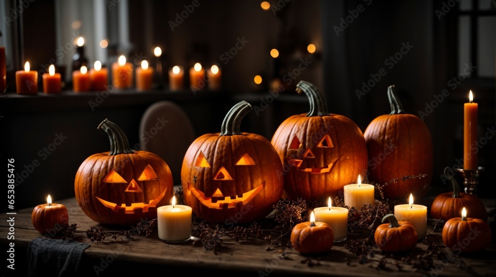 Spooky composition of halloween pumpkin and candles Spooky composition of halloween pumpkin and candles