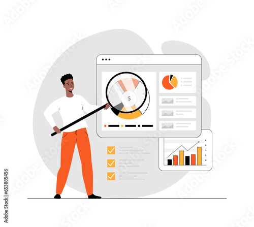 Digital business concept. Man analyze virtual data. Management, planning, strategy development online. Illustration with people scene in flat design for website and mobile development.