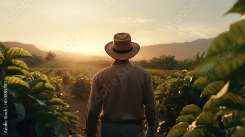 Coffee Fields at Sunrise  A Man with a Hat Takes a Peaceful Stroll Through the Scenic Coffee Plantations..