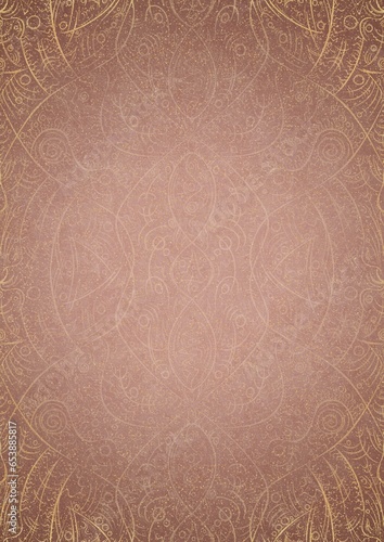 Hand-drawn abstract ornament. Light semi transparent pale pink and golden splatter on a pale pink back, with vignette of same pattern in gold on a darker color. Paper texture. A4. (pattern: p08-2d)