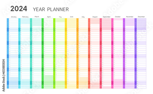 2024 year planner, wall calendar for daily and monthly agenda. Year planner template with twelve months vertical grid in rainbow colors, vector illustration